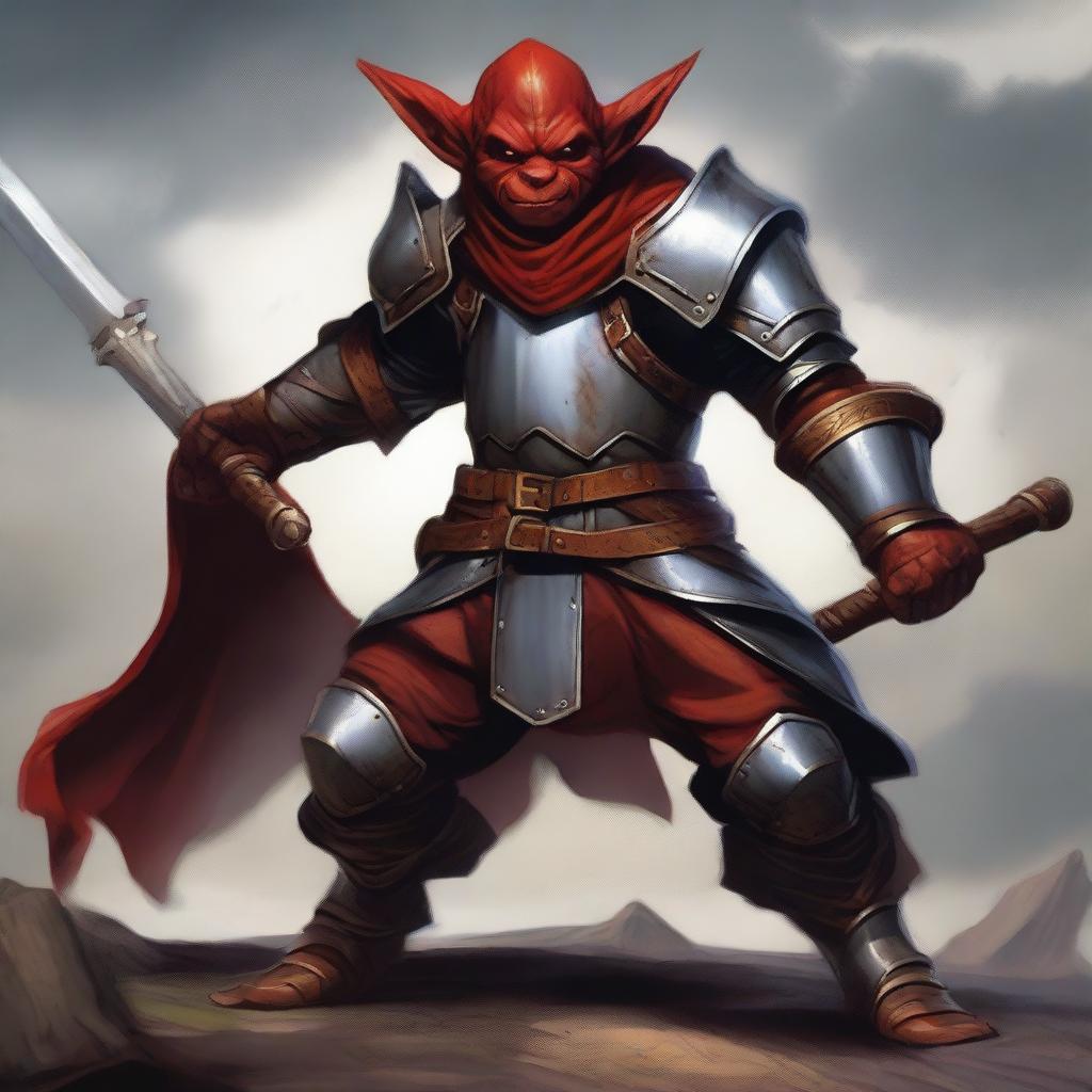 A male red-brown hobgoblin holding a maul, clad in intricate plate armor