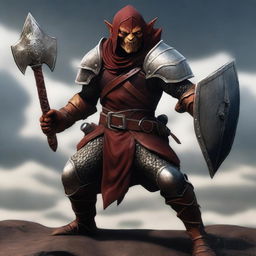 A male red-brown hobgoblin holding a maul, clad in intricate plate armor