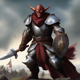 A male red-brown hobgoblin holding a maul, clad in intricate plate armor