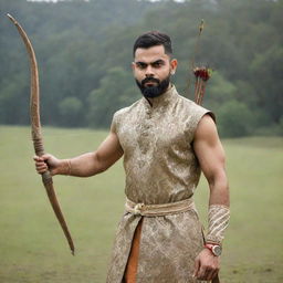 Virat Kohli in the attire of Lord Ram, holding a bow and arrow, in a serene environment