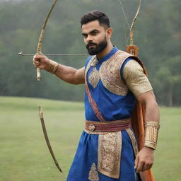 Virat Kohli in the attire of Lord Ram, holding a bow and arrow, in a serene environment