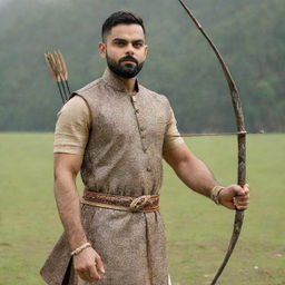 Virat Kohli in the attire of Lord Ram, holding a bow and arrow, in a serene environment