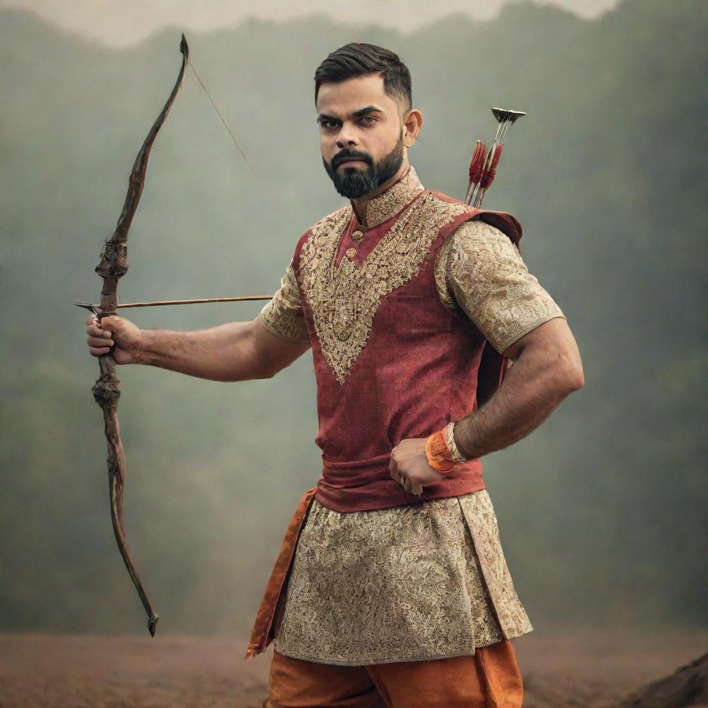 Virat Kohli in the attire of Lord Ram, holding a bow and arrow, in a serene environment