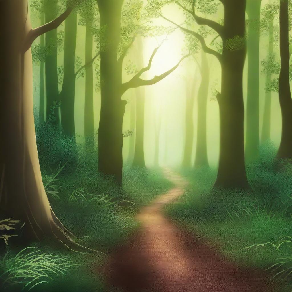 Create a captivating book cover featuring an enchanting forest with a mysterious path leading into the unknown