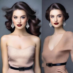 Create an image of an attractive woman with elegant features, dressed in stylish attire