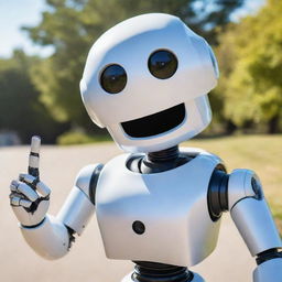 A friendly robot greeting a user with a smile on a sunny day.