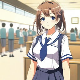 Create an anime image featuring a character wearing a school uniform with a prominently revealing neckline