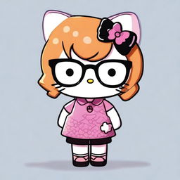 A Hello Kitty character with ginger fur, short hair with micro bangs, and square black glasses