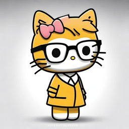 A Hello Kitty character with ginger fur, short hair with micro bangs, and square black glasses