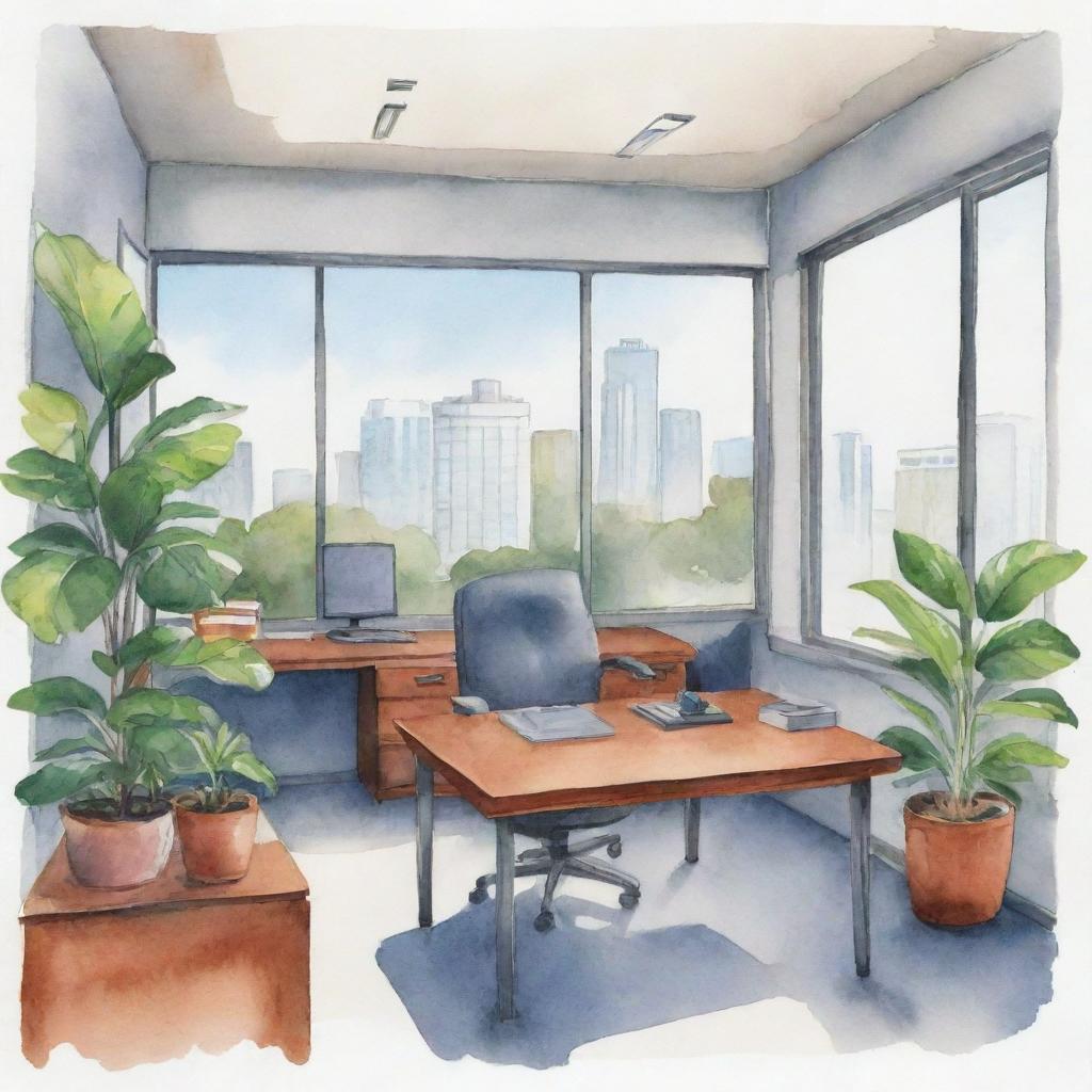 An office illustrated in a watercolor style