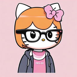 A Hello Kitty character with ginger short hair featuring micro bangs and wearing square framed glasses