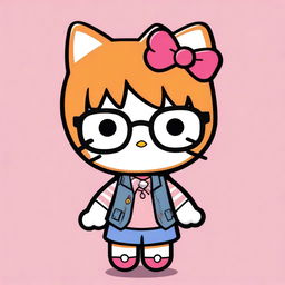 A Hello Kitty character with ginger short hair featuring micro bangs and wearing square framed glasses