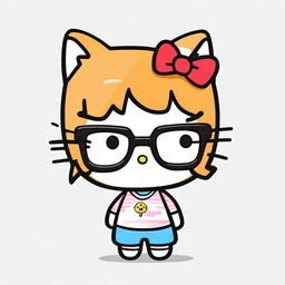 A Hello Kitty character with ginger short hair featuring micro bangs and wearing square framed glasses