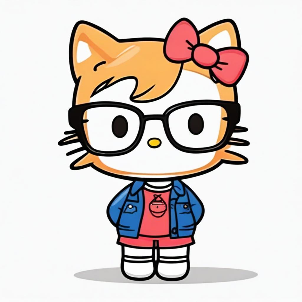 A Hello Kitty character with ginger short hair featuring micro bangs and wearing square framed glasses