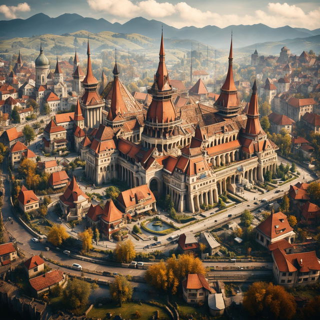 A detailed depiction of the Romanian state, showcasing its rich cultural heritage, iconic landmarks, and diverse landscapes, including the Palace of the Parliament, traditional villages, and the Carpathian mountains