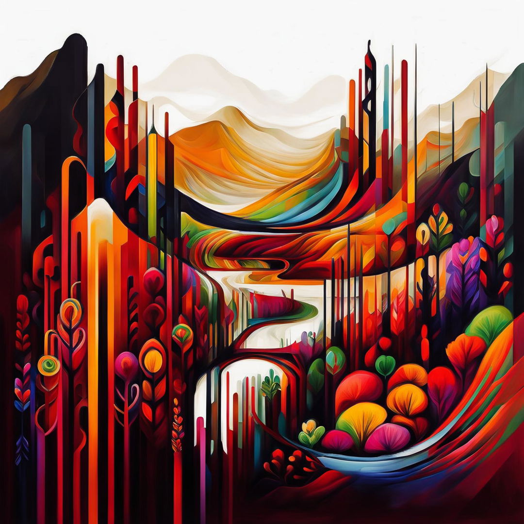 An abstract representation of the Romanian state, using vibrant colors and dynamic shapes to symbolize its cultural heritage, landscapes, and iconic elements like the Carpathian mountains and Danube River