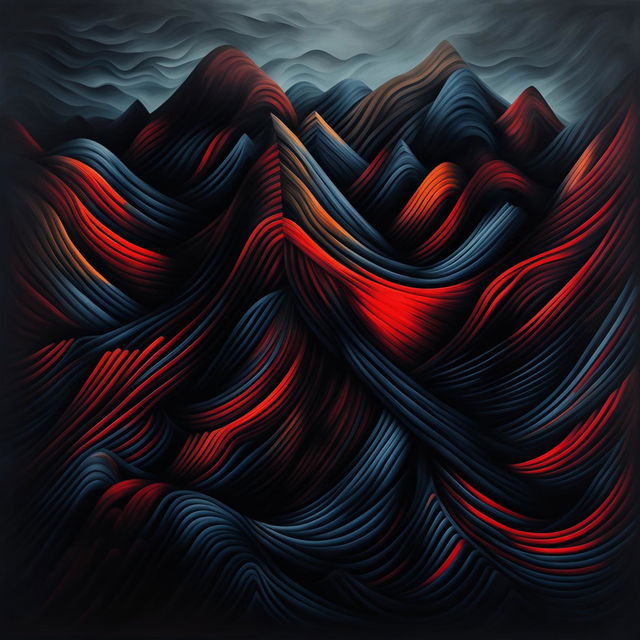 An abstract representation of the Romanian state with a dark and moody aesthetic, using deep colors and shadowy tones to symbolize its cultural heritage, landscapes, and iconic elements like the Carpathian mountains and Danube River