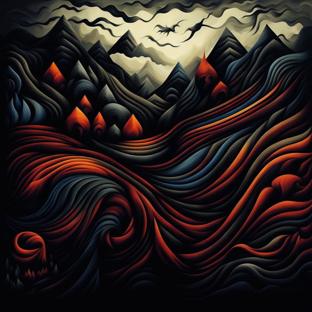 An abstract and dark representation of the Romanian state, featuring deep colors and shadowy tones with symbolic elements like the Carpathian mountains, Danube River, and traditional Romanian motifs