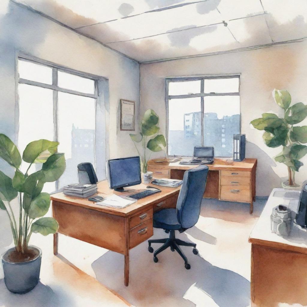 An office illustrated in a watercolor style