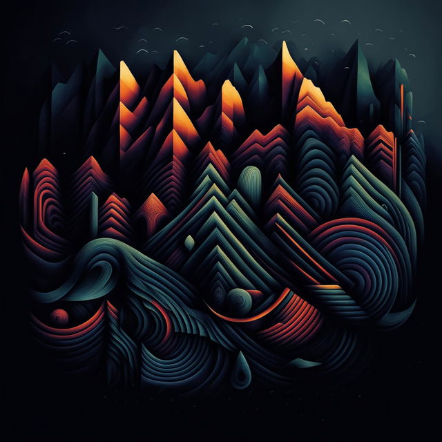 An abstract and dark representation of the Romanian state, featuring deep colors and shadowy tones with symbolic elements like the Carpathian mountains, Danube River, and traditional Romanian motifs