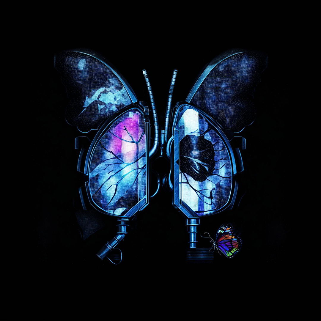 An abstract, dark image featuring a detailed iron lung and a tiny, vibrant butterfly, using deep colors and shadowy tones to create a moody atmosphere and highlight themes of fragility and resilience