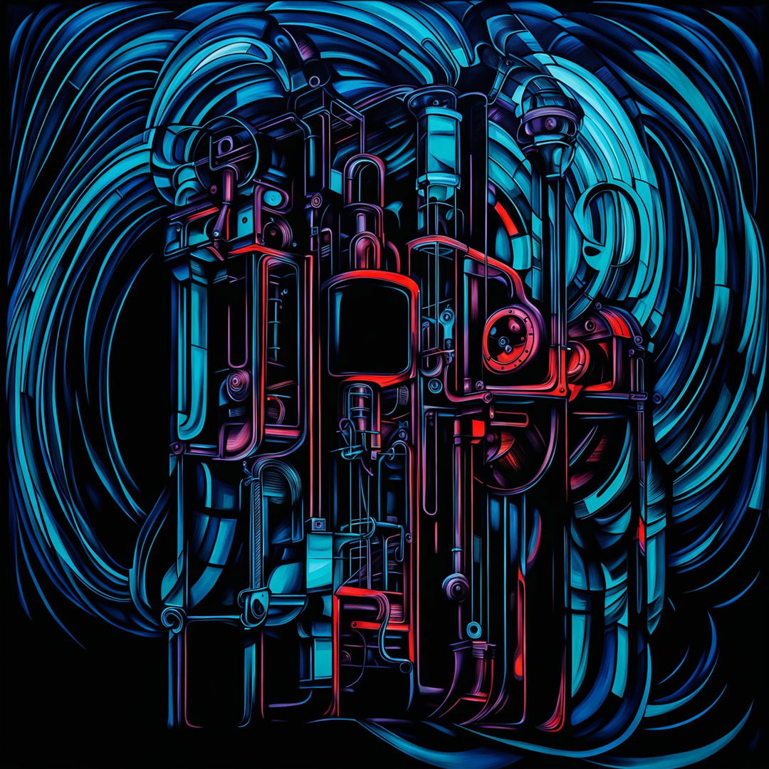 An abstract, dark image featuring a detailed iron lung with a moody atmosphere, using deep colors and shadowy tones to highlight the mechanical intensity and historical significance