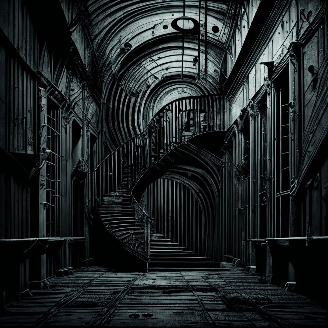 An abstract, dark image of a vintage insane asylum with gothic and Victorian architecture, using deep colors and shadowy tones to create an eerie and unsettling atmosphere