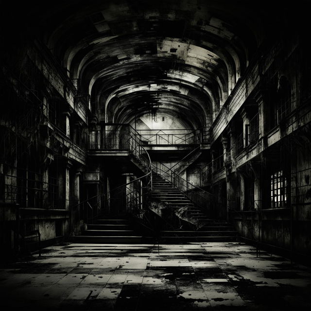 An abstract, dark image of a vintage insane asylum with gothic and Victorian architecture, using deep colors and shadowy tones to create an eerie and unsettling atmosphere