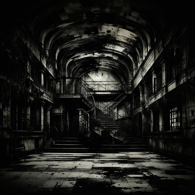 An abstract, dark image of a vintage insane asylum with gothic and Victorian architecture, using deep colors and shadowy tones to create an eerie and unsettling atmosphere