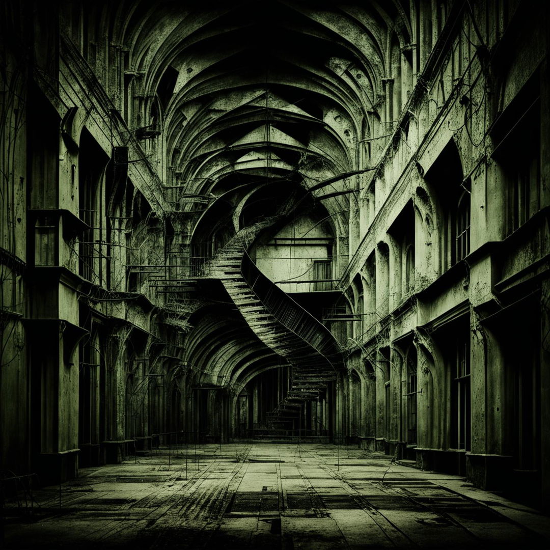 An abstract image of a vintage insane asylum with gothic and Victorian architecture, using muted colors and shadowy tones to create an eerie atmosphere