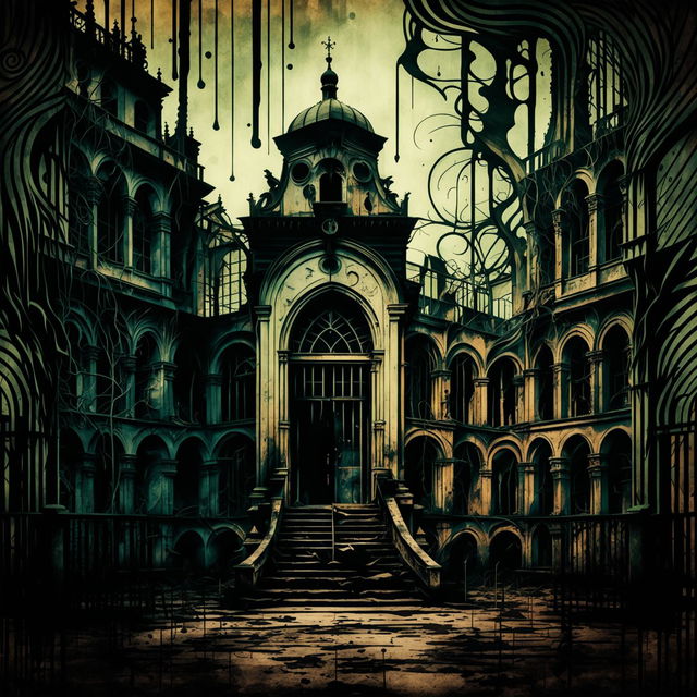 An abstract image of the exterior of a vintage insane asylum with gothic and Victorian architecture, using muted colors and shadowy tones to create an eerie atmosphere