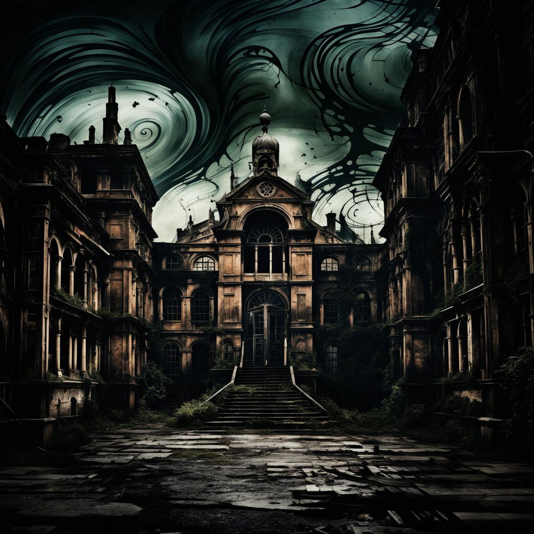 An abstract image of the exterior of a vintage insane asylum with gothic and Victorian architecture, using muted colors and shadowy tones to create an eerie atmosphere