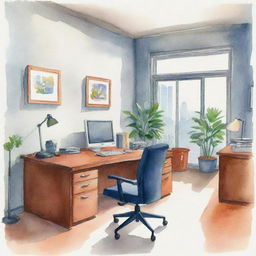 An office illustrated in a watercolor style