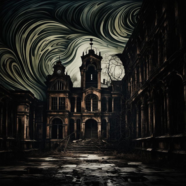 An abstract image of the exterior of a vintage asylum with gothic and Victorian architecture, using muted colors and shadowy tones to create an eerie atmosphere