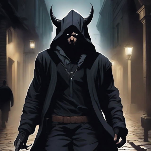 A male hooded rogue with large horns breaking through the hood