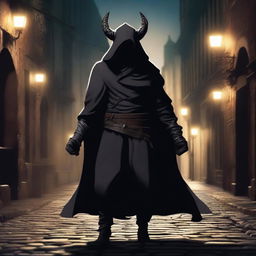 A male hooded rogue with large horns breaking through the hood