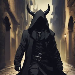 A male hooded rogue with large horns breaking through the hood