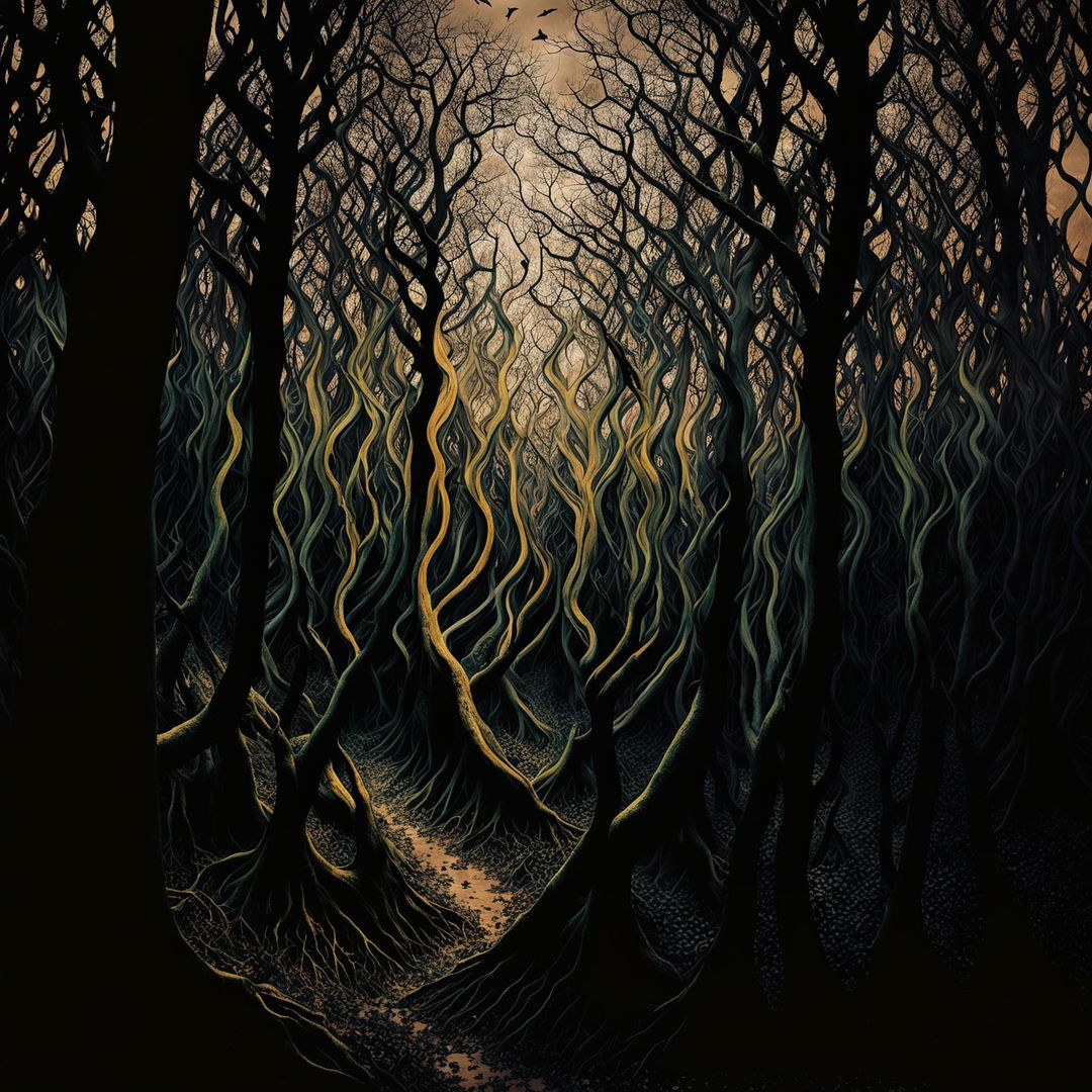 An abstract image of a vintage Cluj forest with ancient, gnarled trees and overgrown underbrush, using muted colors and shadowy tones to create a sense of mystery and timelessness