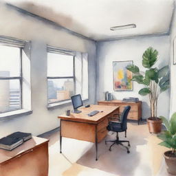 An office illustrated in a watercolor style