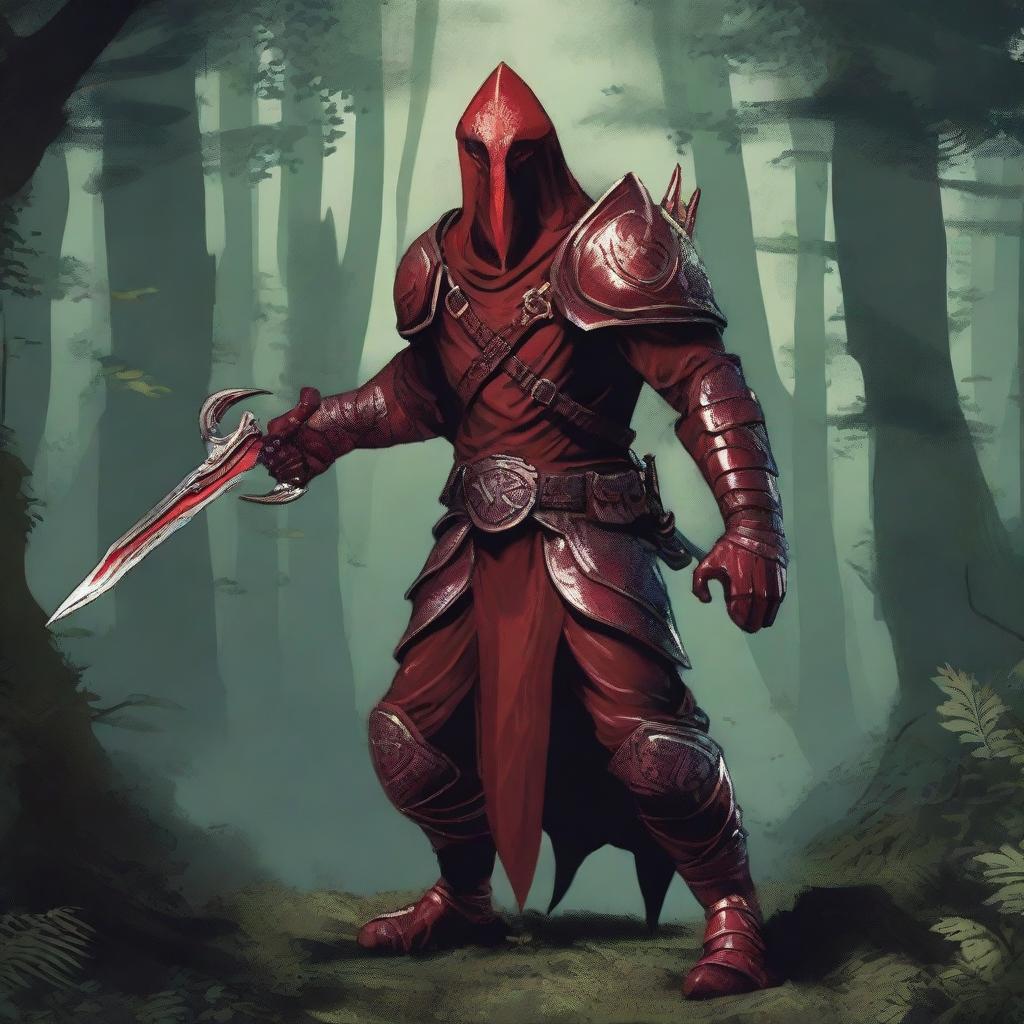 A red-skinned troglodyte wearing leaf armor and wielding a falchion