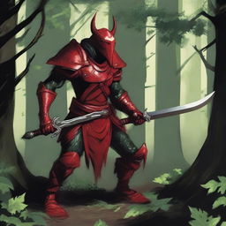 A red-skinned troglodyte wearing leaf armor and wielding a falchion