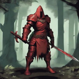 A red-skinned troglodyte wearing leaf armor and wielding a falchion