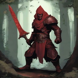 A red-skinned troglodyte wearing leaf armor and wielding a falchion