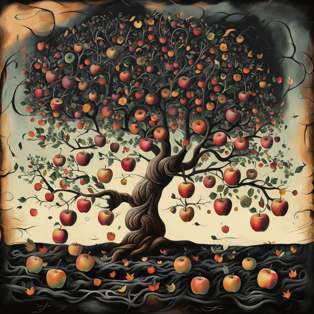 An abstract image of a vintage apple tree with a sturdy, gnarled trunk and sprawling branches heavy with ripe apples