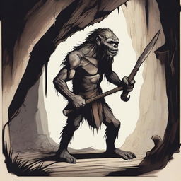 A detailed illustration of a troglodyte, a cave-dwelling humanoid creature with a primitive and rugged appearance