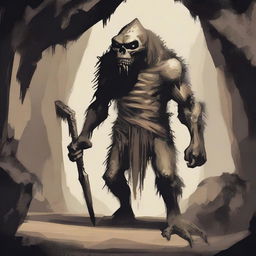 A detailed illustration of a troglodyte, a cave-dwelling humanoid creature with a primitive and rugged appearance