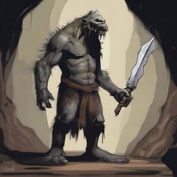 A detailed illustration of a troglodyte, a cave-dwelling humanoid creature with a primitive and rugged appearance