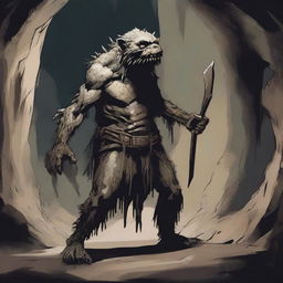 A detailed illustration of a troglodyte, a cave-dwelling humanoid creature with a primitive and rugged appearance