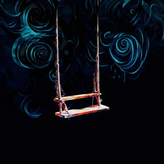 An abstract, dark image featuring a vintage children's swing with a worn-out wooden seat and frayed ropes, using deep colors and shadowy tones to evoke nostalgia and melancholy