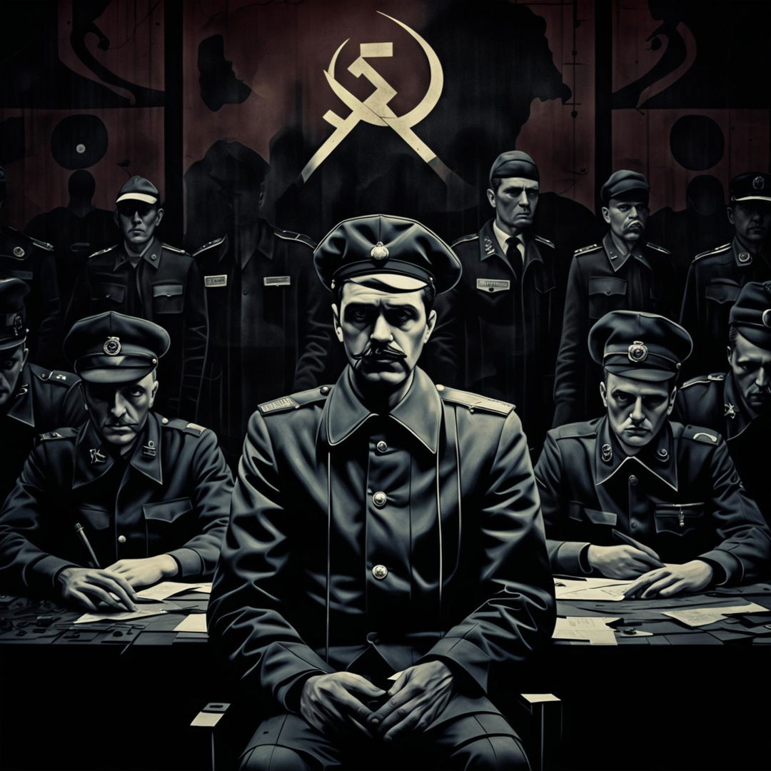 An abstract, dark image of a vintage secret police officer in a communist regime, using deep colors and shadowy tones to evoke fear and oppression, with abstract elements suggesting surveillance and control